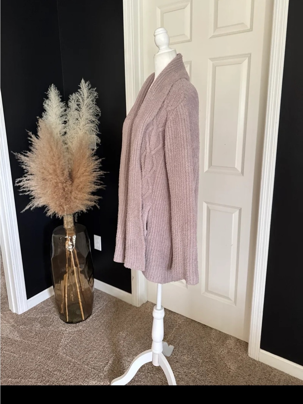 Barefoot Dreams CozyChic Cable Knit Cardigan Jacket Open Front Taupe Medium - Picture 9 of 12